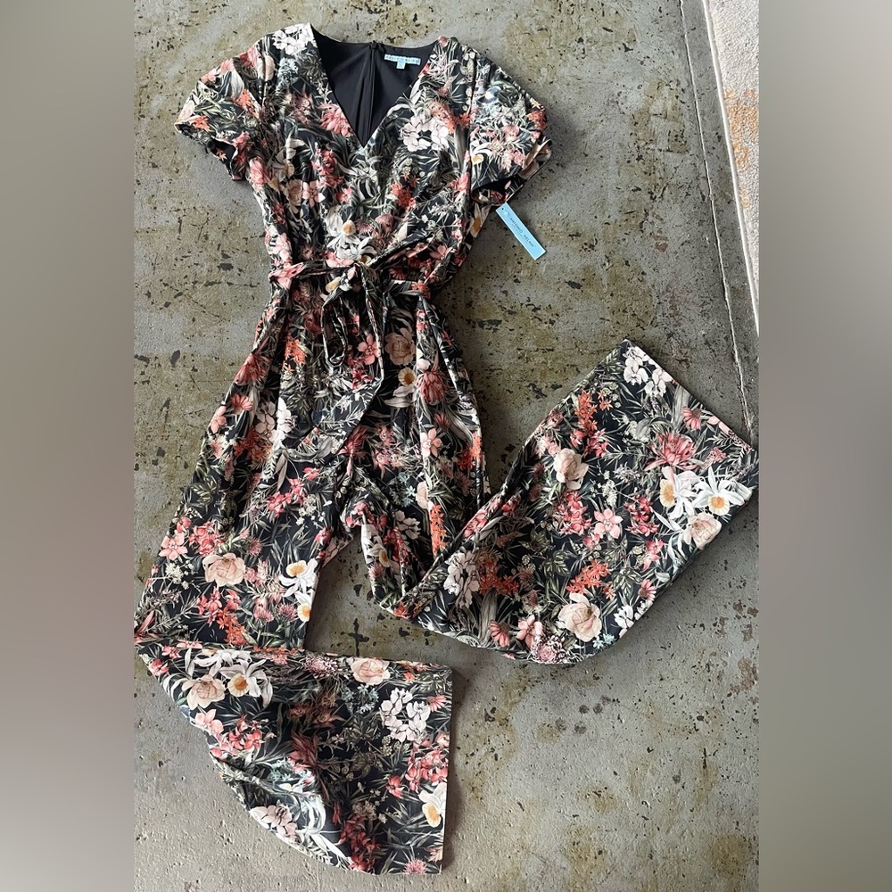 NWT ANTONIO MELANI Black Floral Cotton Blend Wide Leg Jumpsuit Size 14